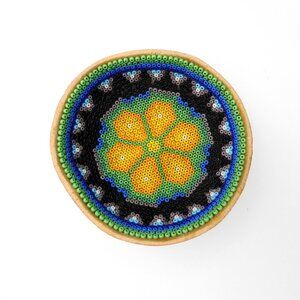 Huichol Ceremonial Mini Gourd Bowl Beaded Flower Design Mexico Artisan Folk Art